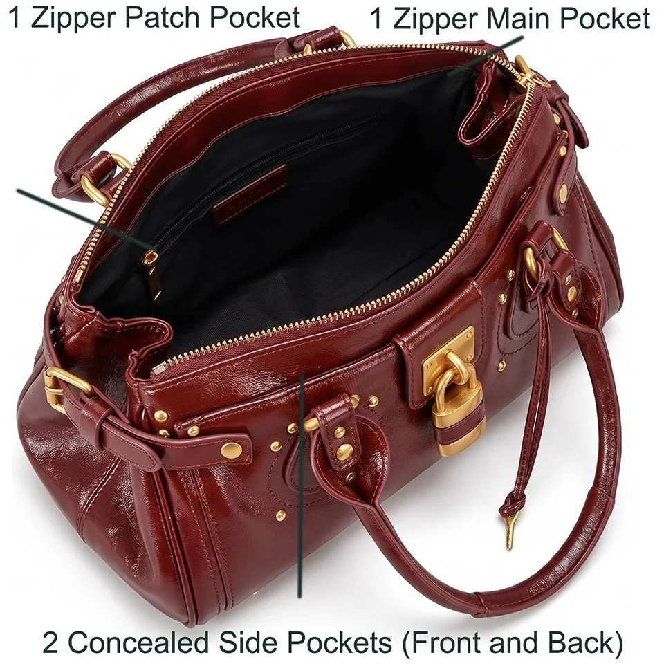 Vintage Y2K Lock Top Handle Bag für Damen, PU-Leder-Handtasche, Retro-Nieten-Unterarmtasche, Motorradtasche, Umhängetasche – Detail 4