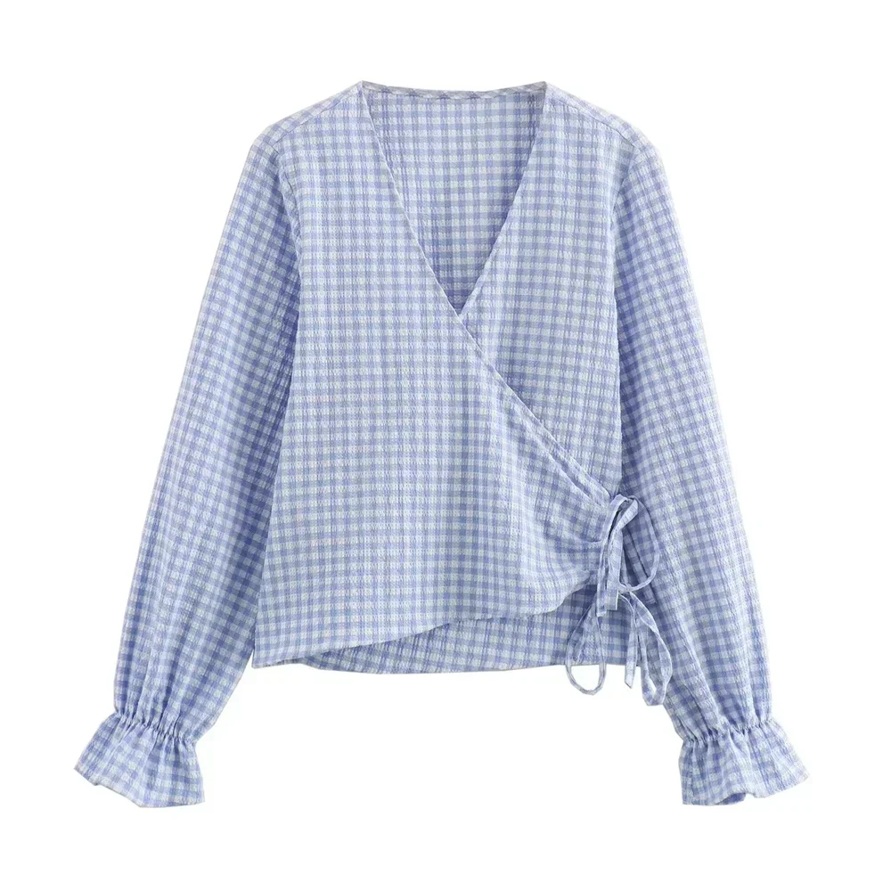 New women\'s sweet and fashionable versatile V-neck bubble grid tied double breasted long sleeved shirt