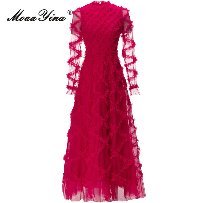

MoaaYina Autumn Fashion Designer Red Vintage Party Dress Women O Neck Long Sleeve Mesh Ruffles High Waist Slim A-LINE Long Dress