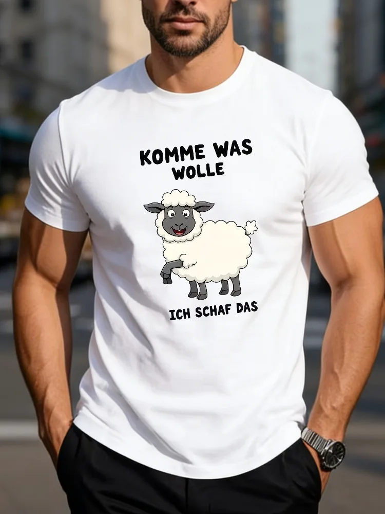 Men Summer Crew Neck Tee Cartoon Sheep German Letter Print Short Sleeve T Shirt Loose Casual Streetwear White Male Daily Wear