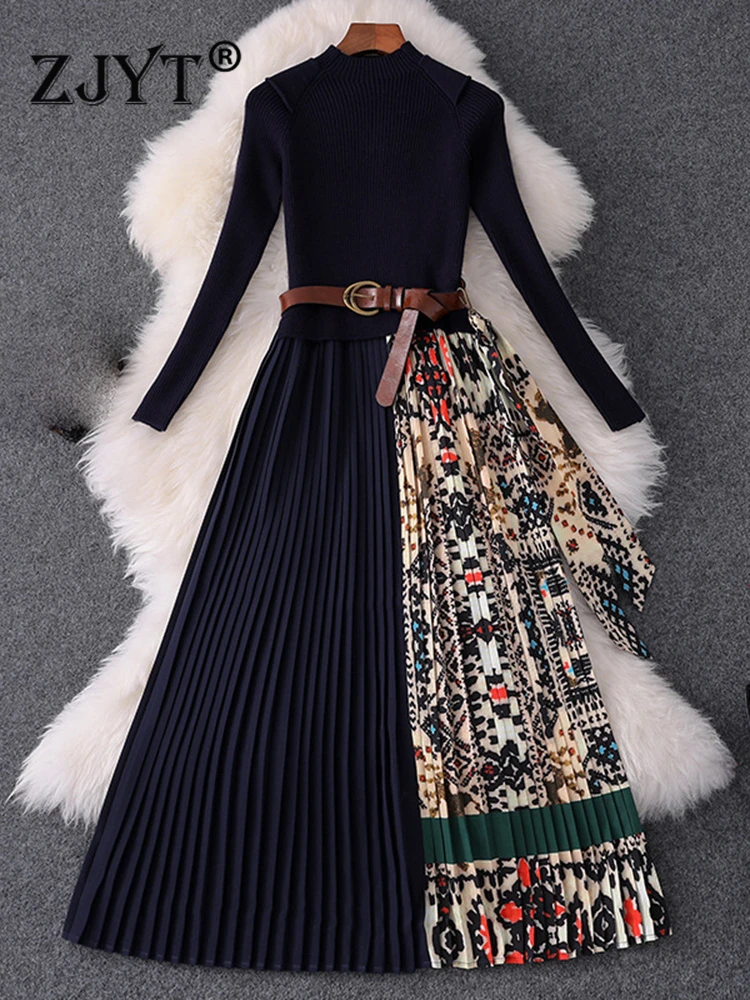 

ZJYT Autumn Winter Print Patchwork Knitting Sweater Dresses for Women 2023 Long Sleeve Vintage Pleated Midi Vestidos Casual Robe