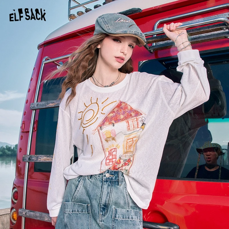 2024 Summer ELFSACK New Arrivals Lightweight and slightly transparent graphic print casual loose blouse white T-shirt for women