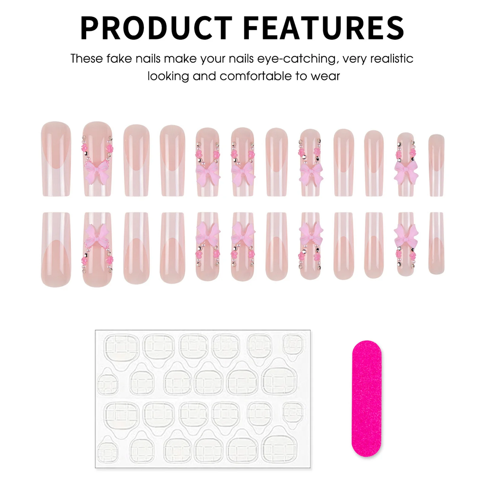เล็บปลอมแบบกดติด 24 ชิ้น สีชมพู แต่งโบว์ ทรงฝรั่งเศสสีขาว ยาวแบบโลงศพ แต่งเล็บแบบบัลเลต์ ประดับด้วยคริสตัลและดอกไม้สีทองวิบวับ