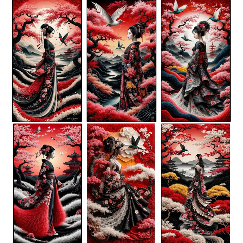 

5D Diamond Painting Retro Japanese Geisha Landscape Cherry Blossoms Full Square Circular Mosaic Embroidery Cross Embroidery Kit