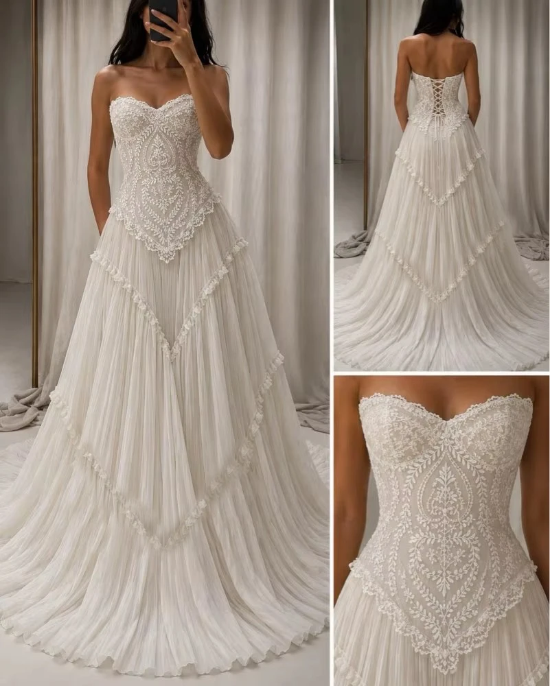 Sweetheart Boho Lace Corset A Line Tiered Ruffled Bridal Gowns Sleeveless Pleated Customized Wedding Dress