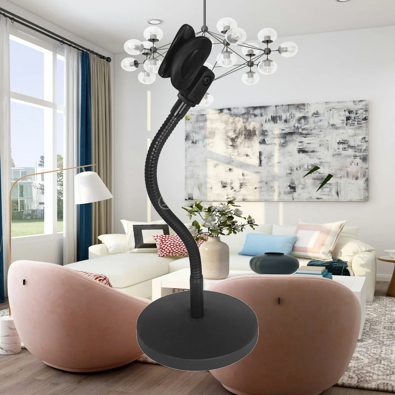 Tabletop Mic Mount Flexible Black Metal Mic Stand with Round Base for Recording Artists, Live Broadcasting, Podcasting
