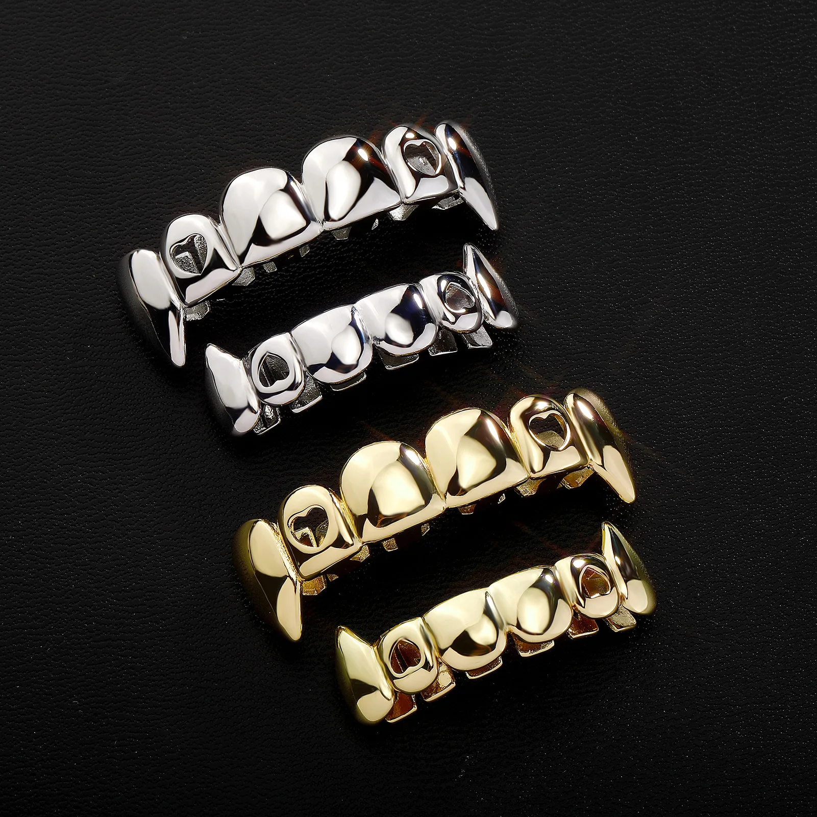Colmillos de Vampiro Chapados en Oro y Plata de 6 Dientes, Lisos, para la Parte Superior e Inferior, Estilo Hip Hop, para Halloween, Cosplay, Disfraz de Rapero, Joyería