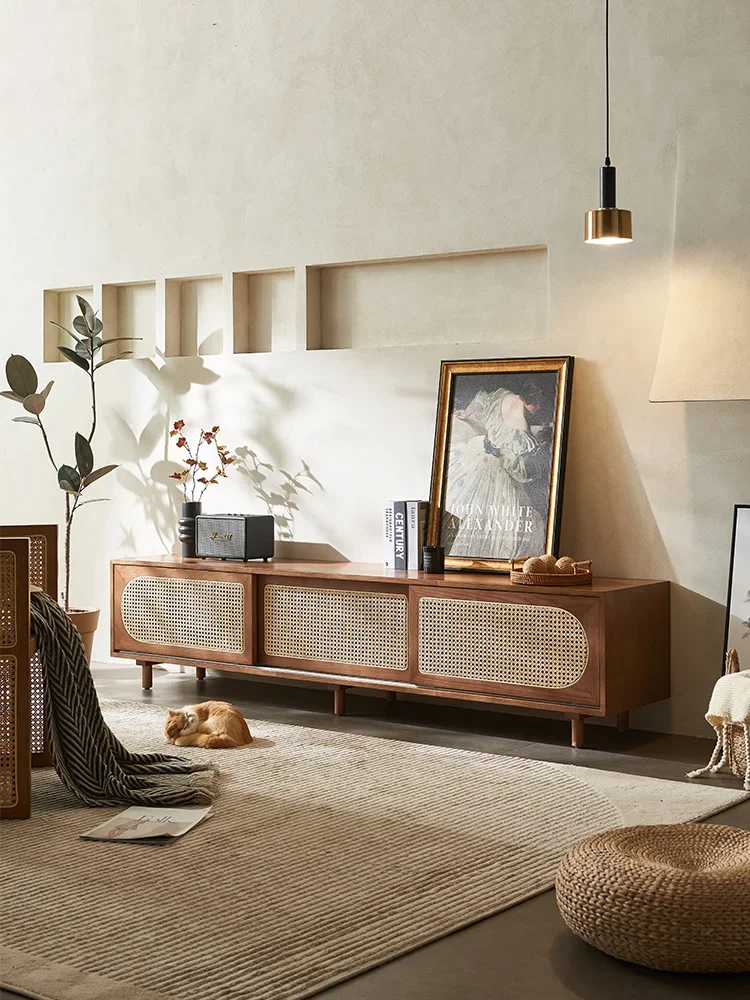 

Retro Japanese Minimalist Rattan Solid Wood Storage Cabinet