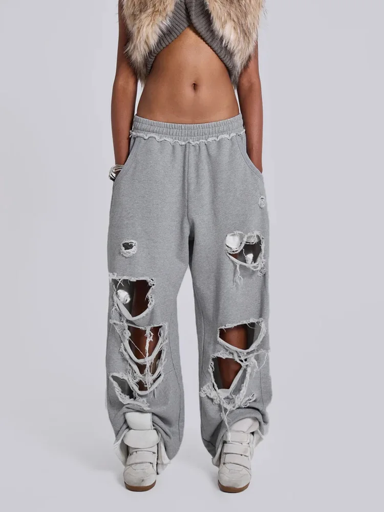 HOUZHOU Gray Ripped Women Pants Y2k Jogging Wide Leg American Retro Hip Hop Sweatpants Oversized Baggy Casual Streetwear Summer