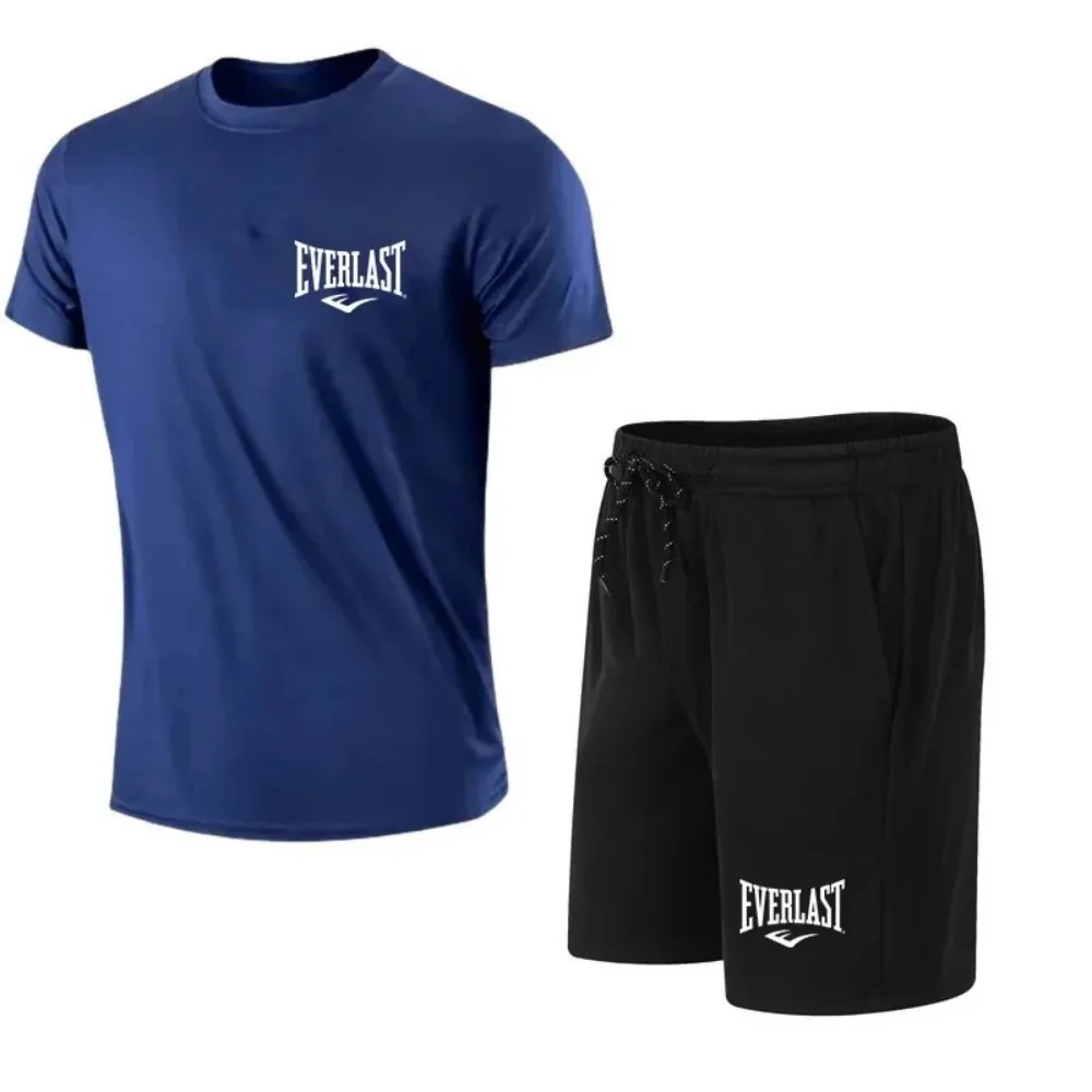 Summer men's training fashion letter print micro elastic breathable round neck T-shirt shorts set outdoor sportswear