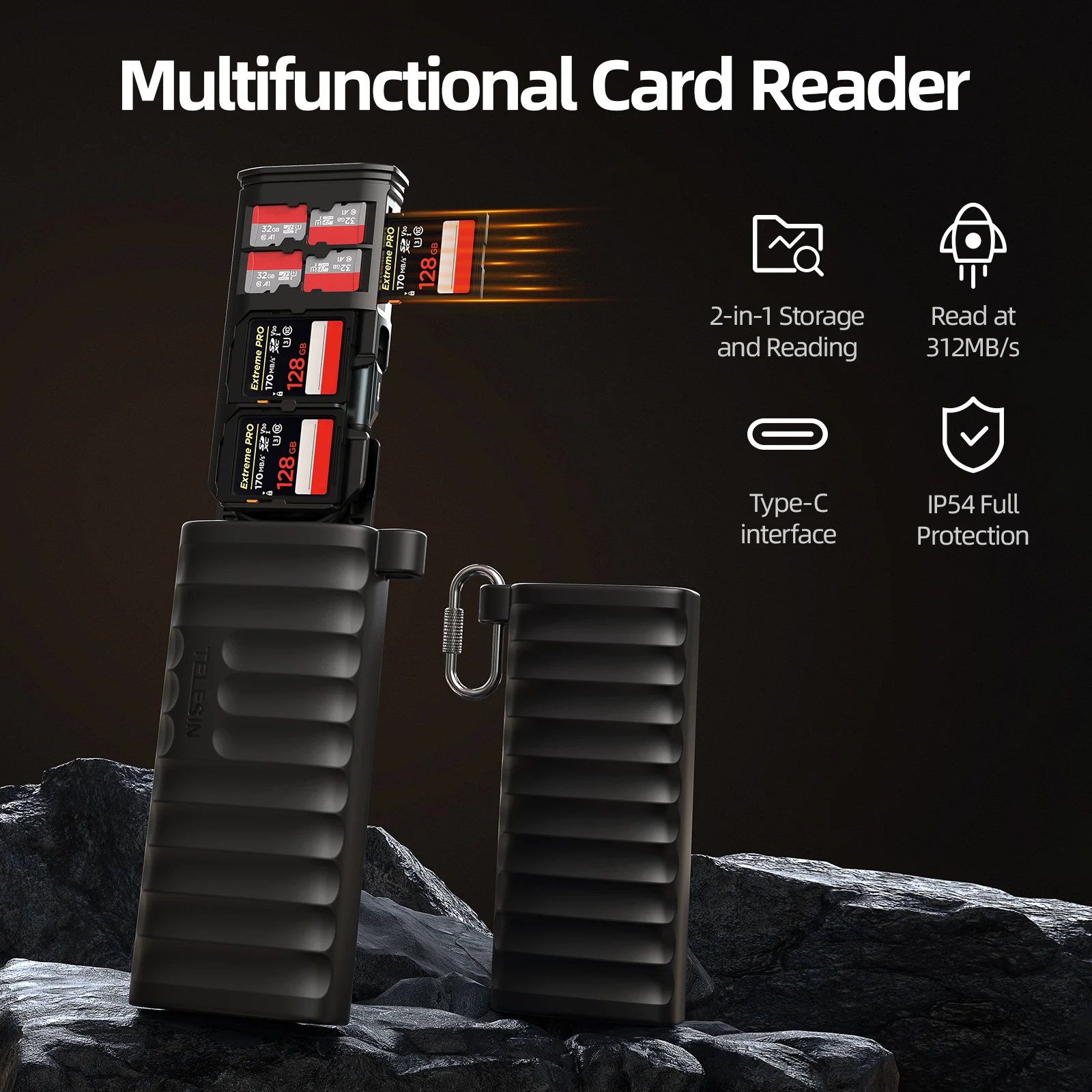 TELESIN SD Card Reader MAX 312MB/S USB3.1 Type-C Dual Slots Micro SD/TF Card Carrying Case Holder for Smartphones Action Cameras