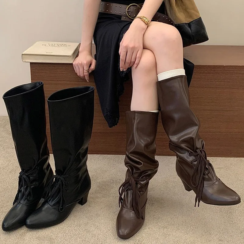 Eilyken Fashion Winter Knee-High Boots Woman Round Toe Square Heels Shoes Designer Lace-up Long Modern Ladies Booties image 6