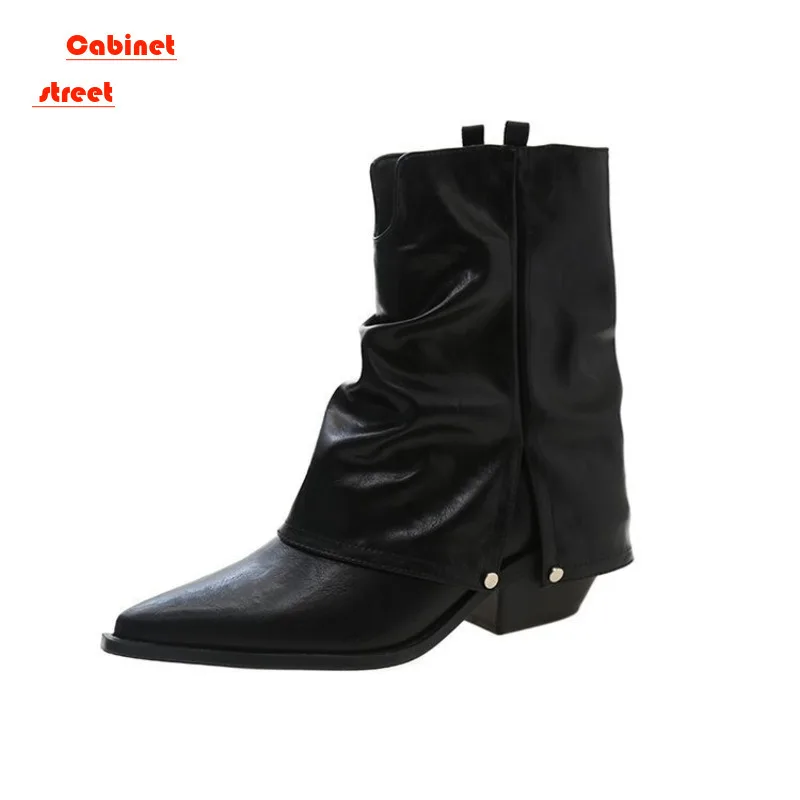 

Retro Western Cowboy Snow Women Boots Women's Pants Autumn Winter 2024 Pointy Heel Ankle with High Sense Martens Female Shoes