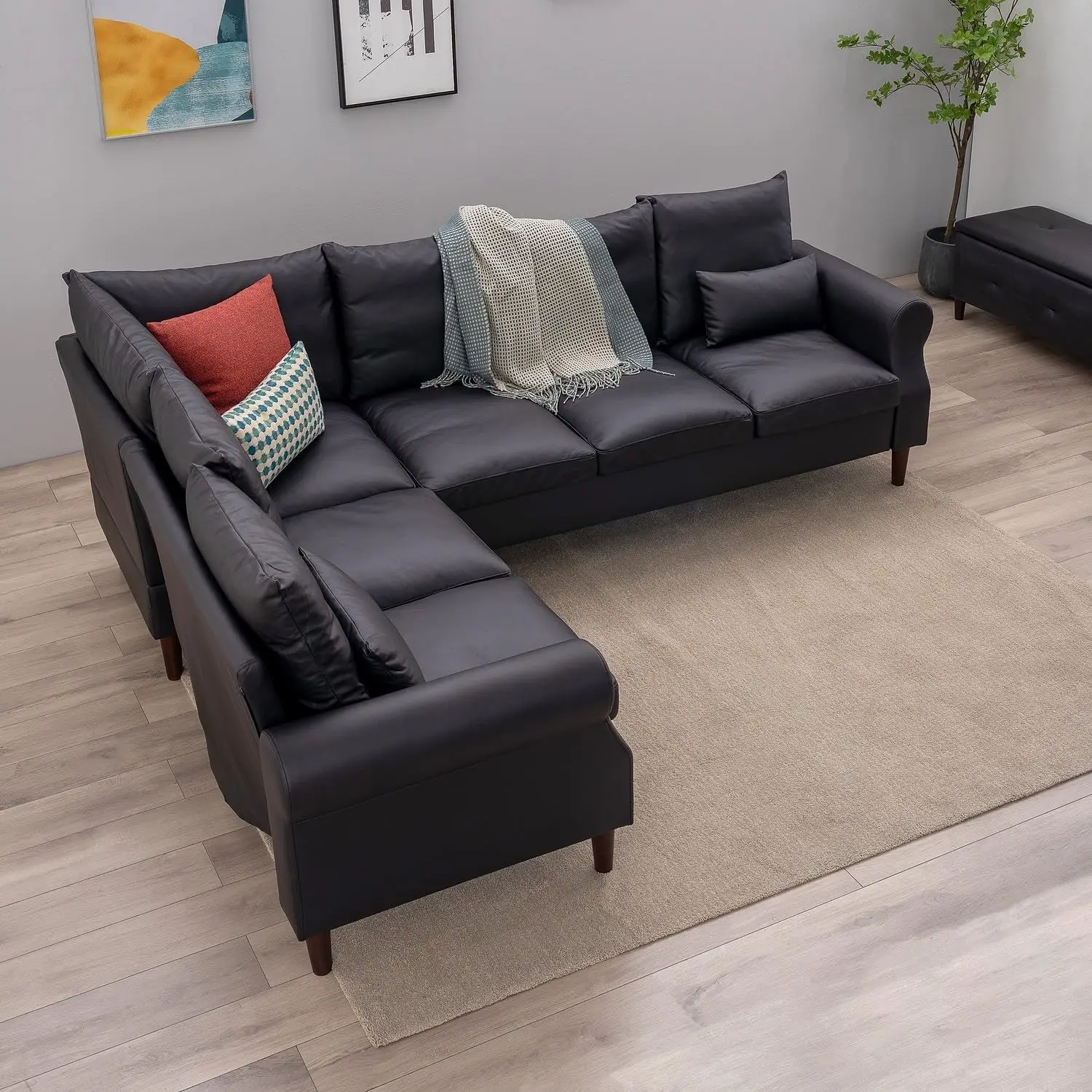 Panana 6-zits L-Vorm Hoek Gestoffeerde Bank Bank Kunstleer L-Vormige Hoek Sectionele Loveseat Ottomaanse Moderne