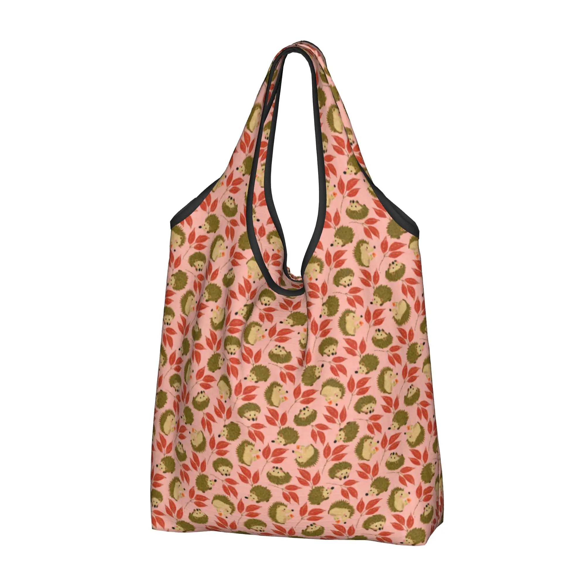 Recycling Cute Woodland Hedgehog with Red Leaves on a Pink Shopping Bag Tote Bag Portable Red Leaves Pink  Grocery Shopper Bags