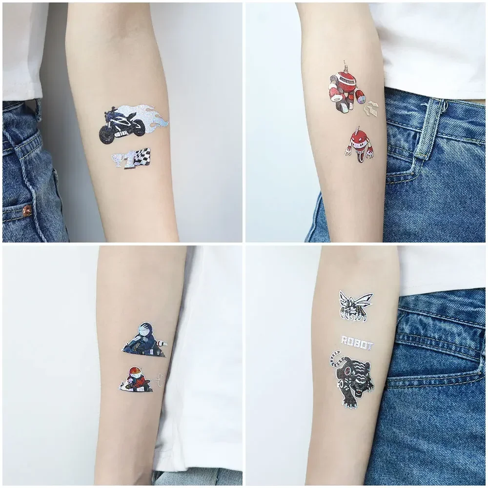 Pegatinas de tatuaje de dibujos animados láser para niños, tatuajes temporales impermeables, UFO, monstruo, diseño de unicornio, tatuaje de mano falso para coche