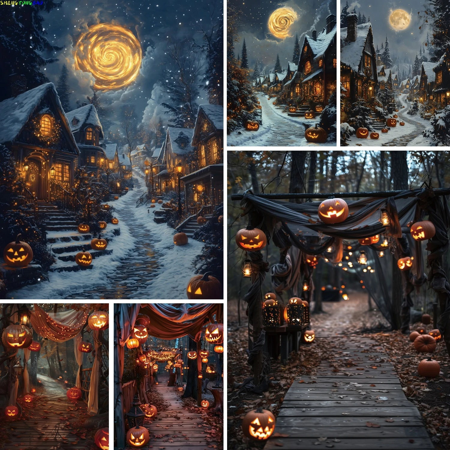 

Halloween Carnival Night Background Full Moon Night Street Wicked Pumpkin Lights Party Photography Backdrop Photo Booth Props