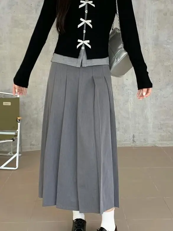 

Корейская юбка-миди А-силуэта однотонного цвета, модная длинная юбка с двухцветным дизайном, сенсационная корейская юбка