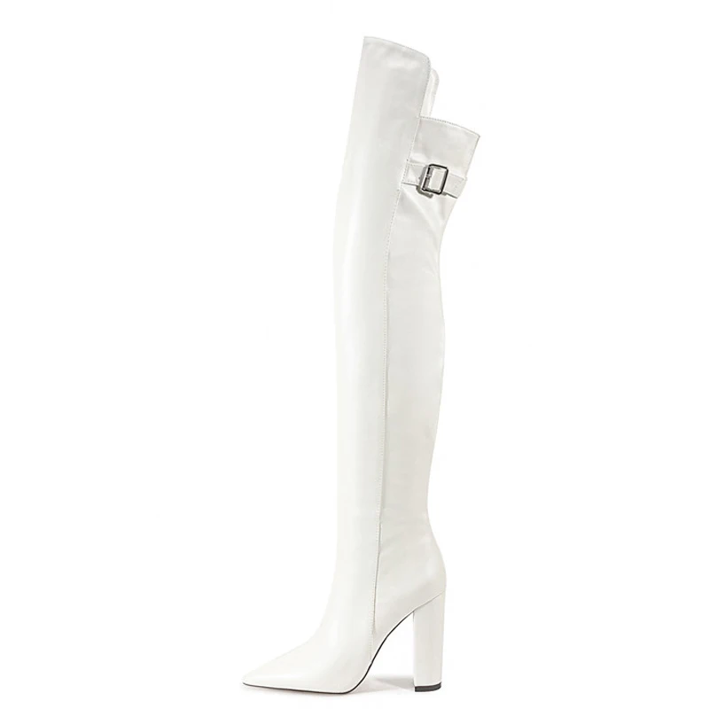 

Big Size 47 Wide Fit Shoes Women Chunky High Heel Pointed Toe Thigh High Boots Side Zipper Over the Knee Booties