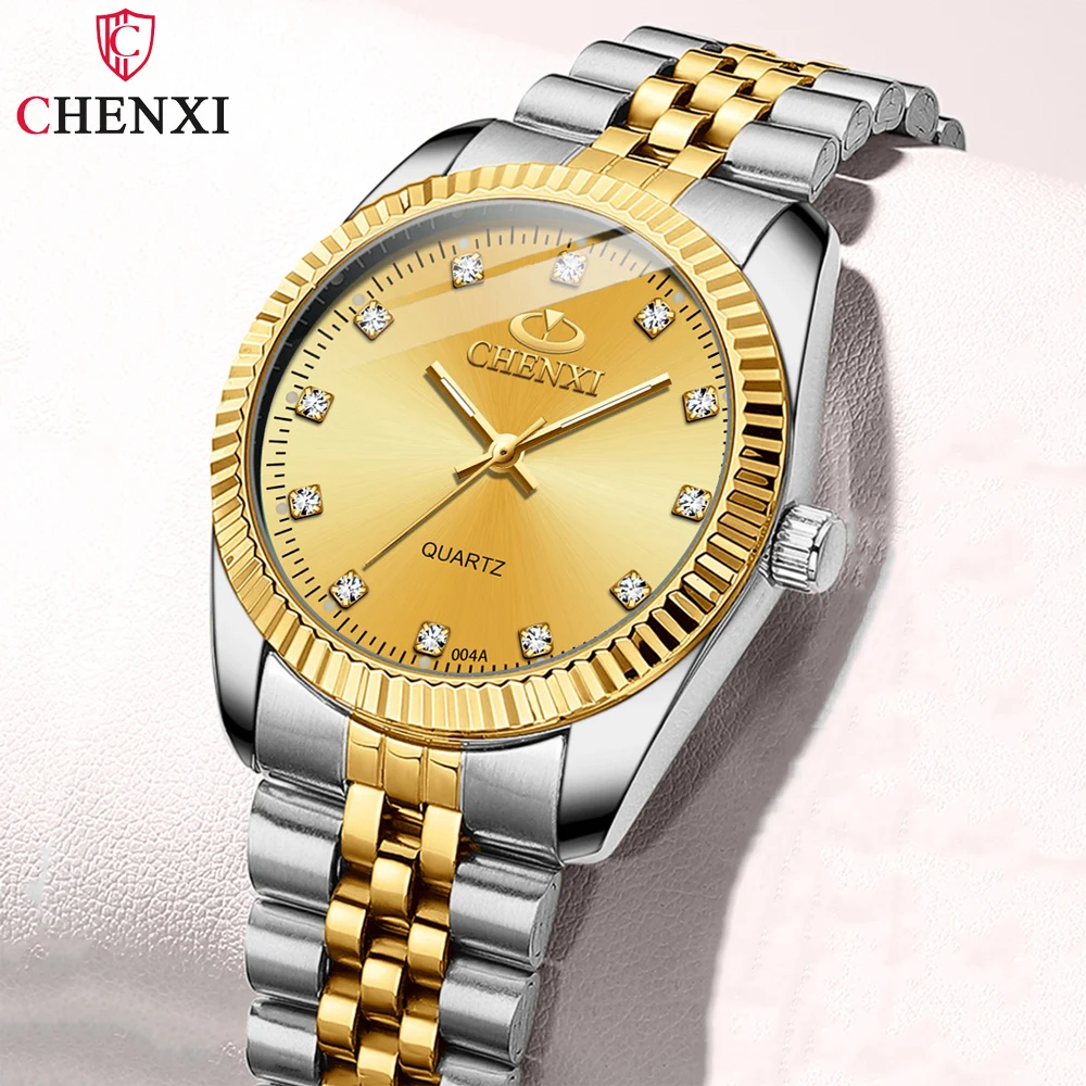 CHENXI Rhinestone Dial Golden Quartz Watches Mens Stainless Steel Band Waterproof Luminous Creative Business Male Wristwatch