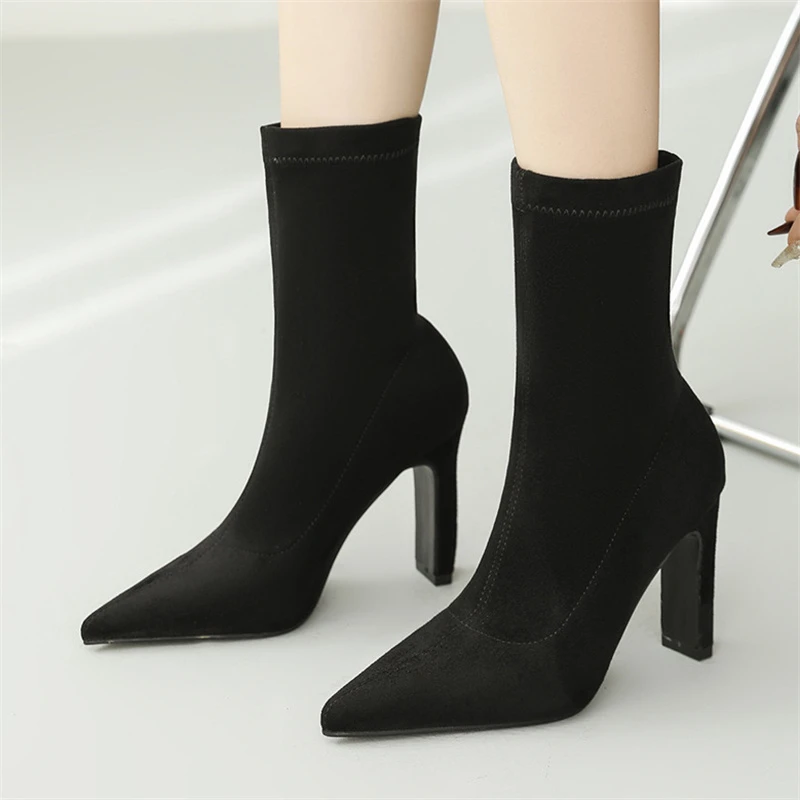 Eilyken Winter Thick Heel Sock Flock Women Boots Pointed Toe Ankle Booties Sexy Female Shoes Plus Size 34-42