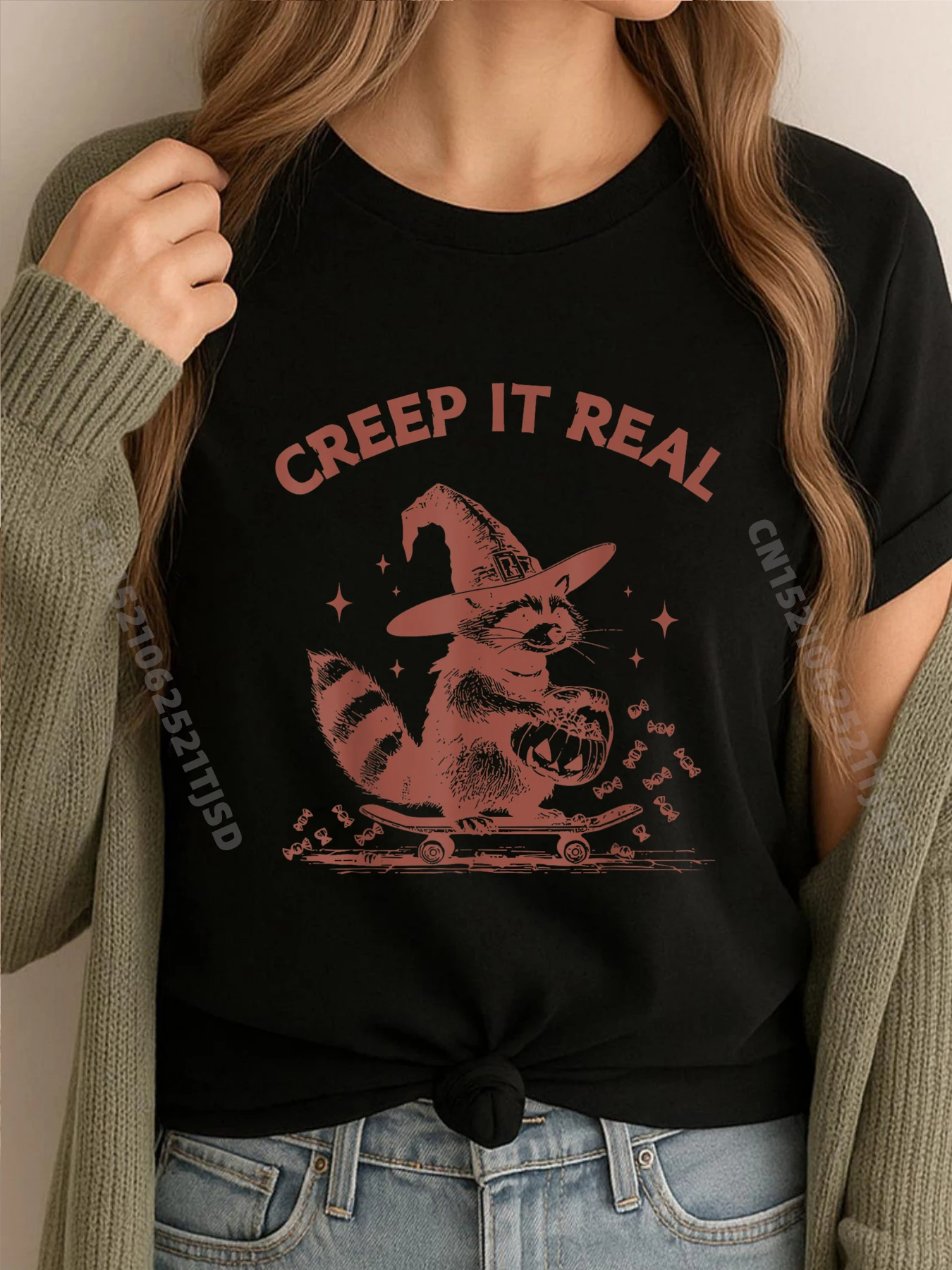 

Creep It Real Skateboarding Halloween Raccoon Graphic Tee Cotton Fall Men's Clothing Creative