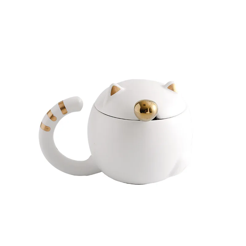 European Gold Plated Cat Ceramic Coffee Mug with Lid Creative Cartoon Animal Mug Birthday Gift Office Dessert Teacup Home Decor