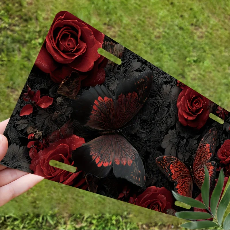 1pc 2D Flat Poster with Sign Frame and Decorative Set,Featuring Butterfly and Red Rose Design,Car License Plate Cover,Suitable