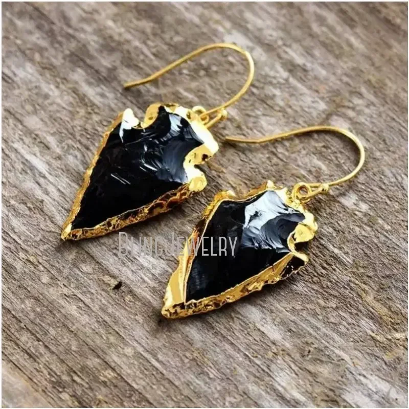 10Pairs Black Onyx Drop Earrings for Women Obsidian Stone Arrowhead Boho Jewelry Boho Pendiente De Acero Inoxidable