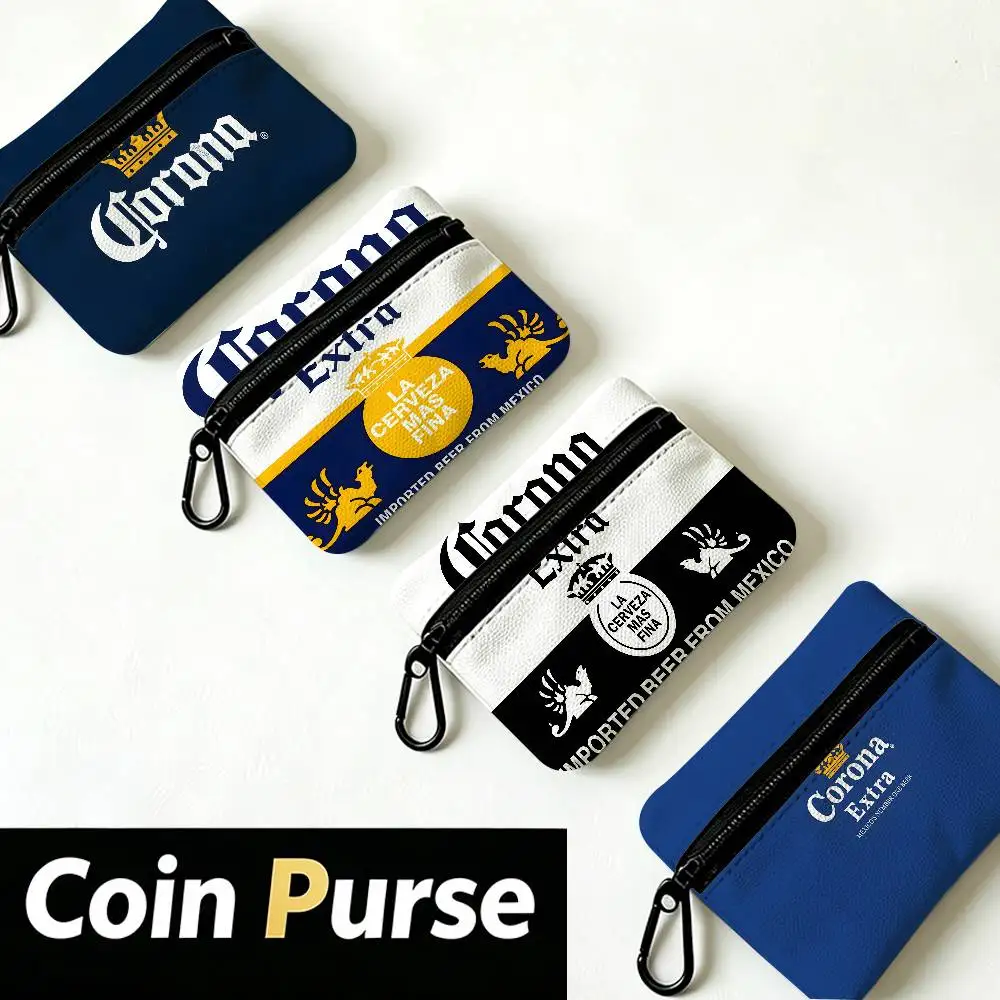 Drink C-Corona White Oxford Cloth Zipper Coin Purse Lightweight Hanging Key Pouch Card Holder For Daily Use