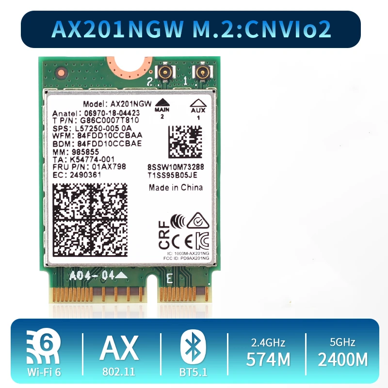 WiFi 6 Wifi Card AX201 AX201NGW 3000Mbps Dual Band 2.4Ghz/5Ghz 2.4Gbps 2400Mbps+574Mbps M.2 Key E CNVio 2 Wireless Card