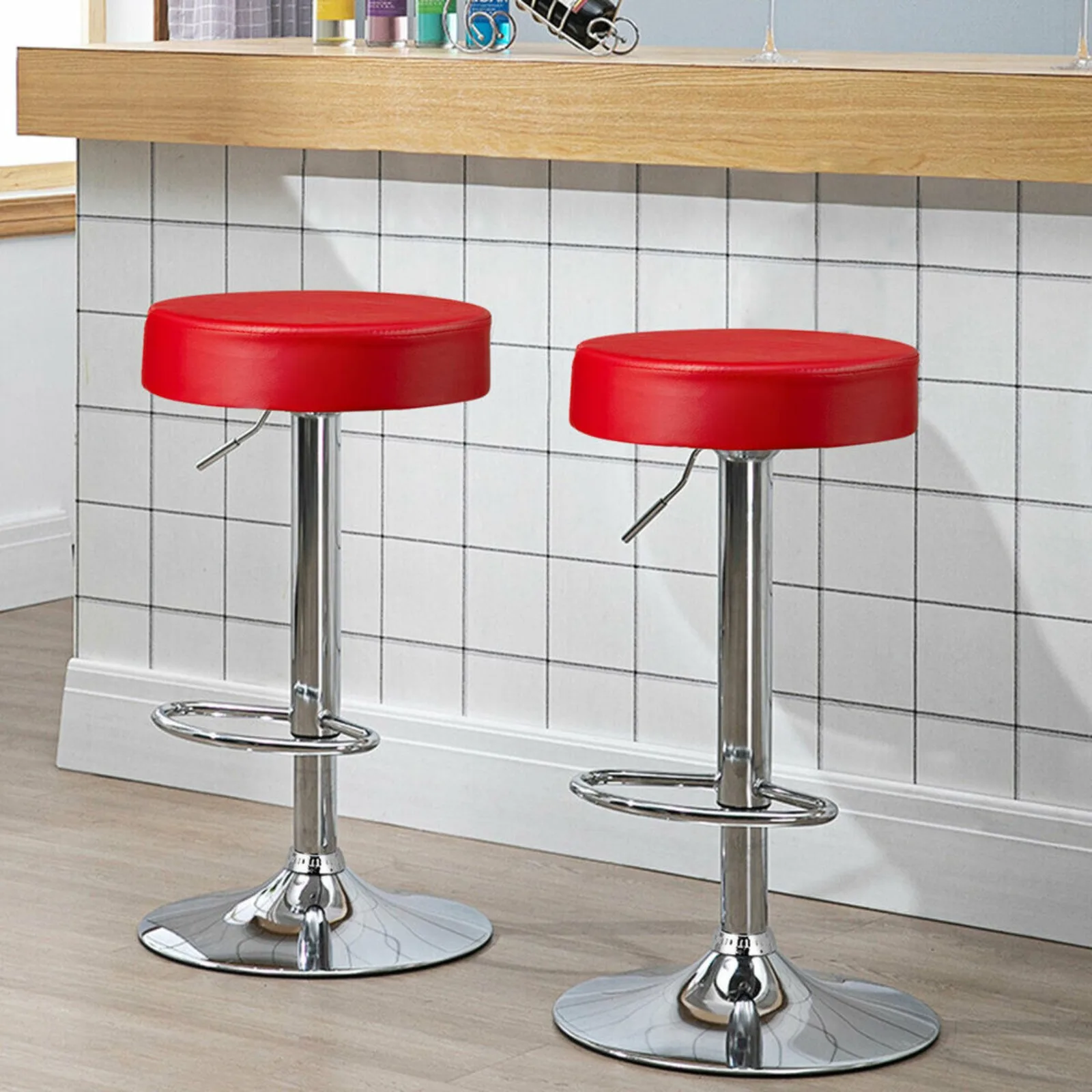 US 2PCS Adjustable Swivel Bar Stool PU Leather Kitchen Counter Bar Chairs Red