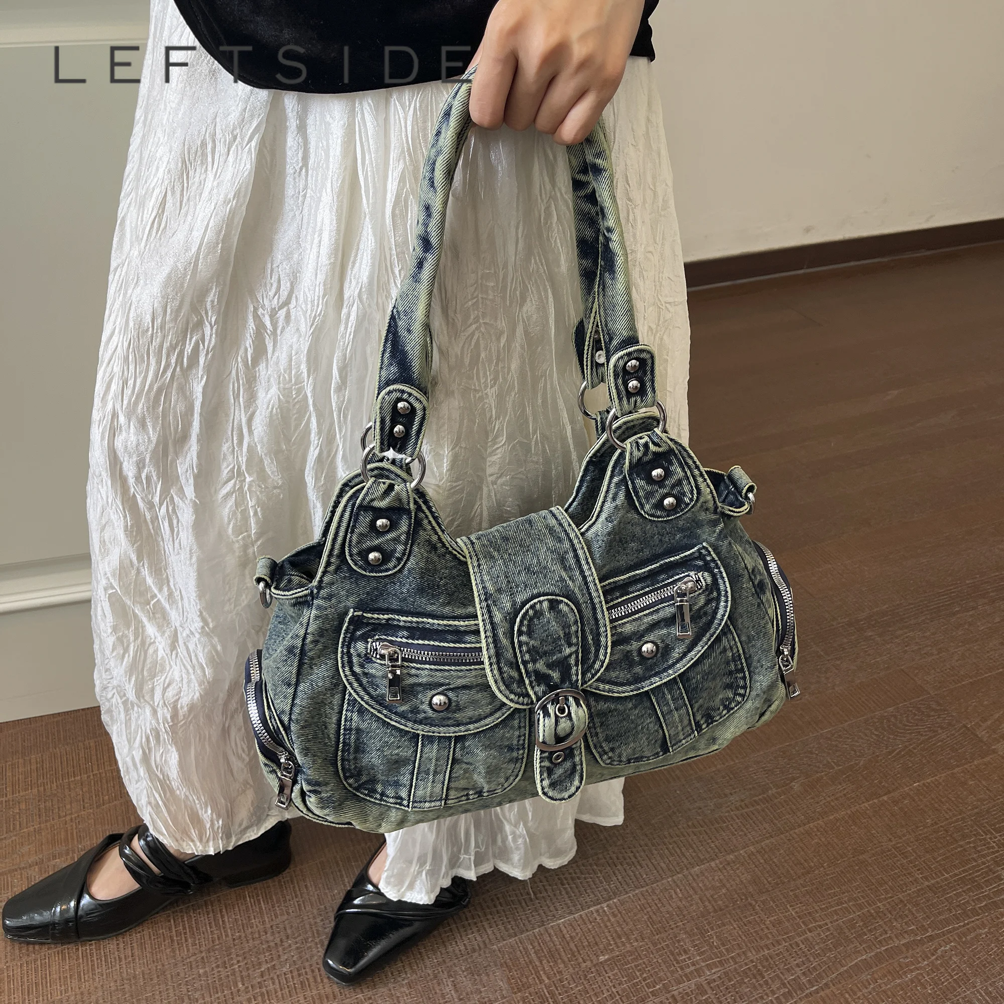 

Women Vintage Washed Denim Hobo Crossbody Bag Multi Pocket Rivet Detail Y2K Style Shoulder Purse 2026 New Trend Handbags