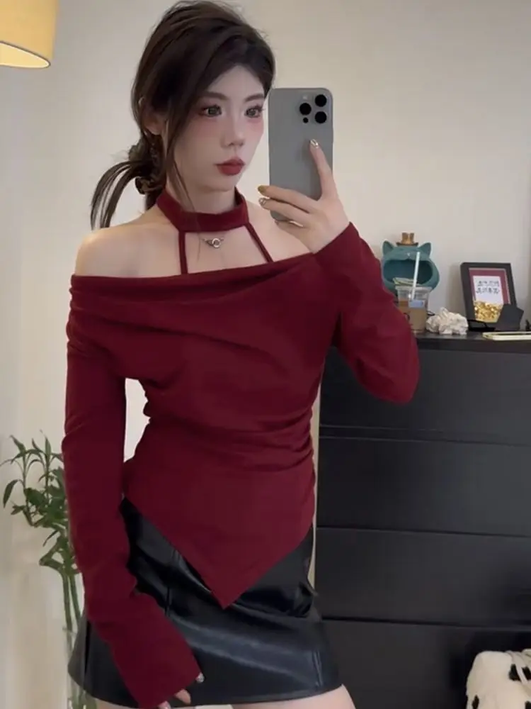 مثير الرغبة النقية واحد الكتف طويل Sve تي شيرت المرأة الخريف عالية الخصر ort صالح قاعدة irt أعلى فتاة حار تخفيف Sle #3