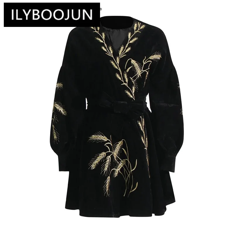 

ILYBOOJUN Colorblock Patchwork Embroidery Elegant Dresses For Women V Neck Lantern Sleeve High Waist Mini Dress Female New