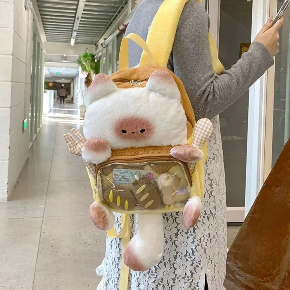 Harajuku Kawaii Cat Backpack Transparent Cute Bread Cat Itabag Fluffy Soft Student School Bag Shopping