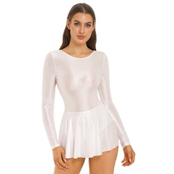 Womens Smooth Skirted Leotards Dance Dress Sexy Oil Shiny Tight Sports Yoga Dance Practice Training Clothing Gymnastics Dresses