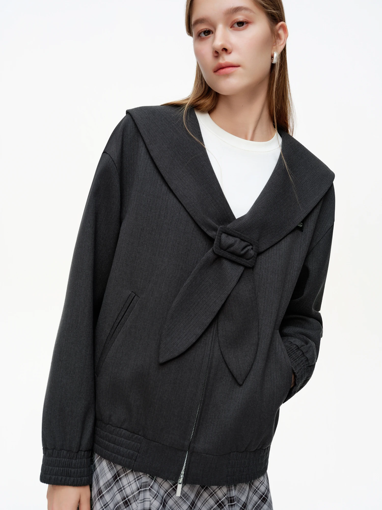 DUSHU レディース マリンカラー ドロップショルダー ジャケット 2026 春 オーバーサイズ スリム アウター ジップアップ コート 若見え 日本風