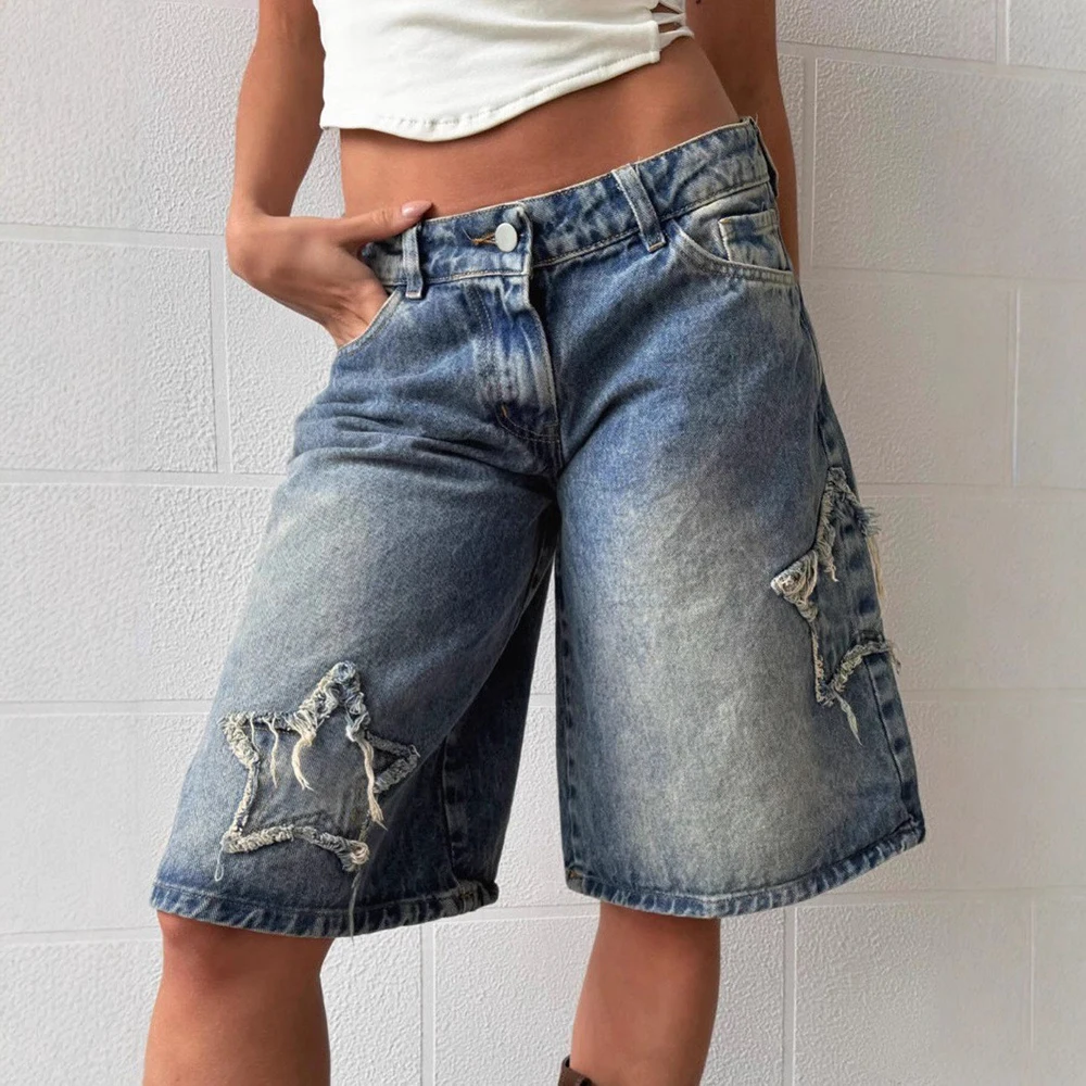

Street Style Vintage Star Embellished Frayed Hem Denim Jeans Low Waist Y2K Trendy Wide Leg Half Mid Length Women's Short Pants