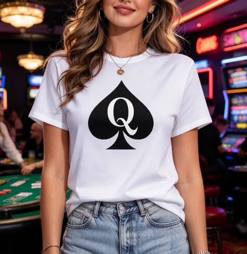 Q Spade Letter T-Shirt, Playing Card Symbol Print 100% Cotton Tee, Casual Poker Night Women's Graphic Top