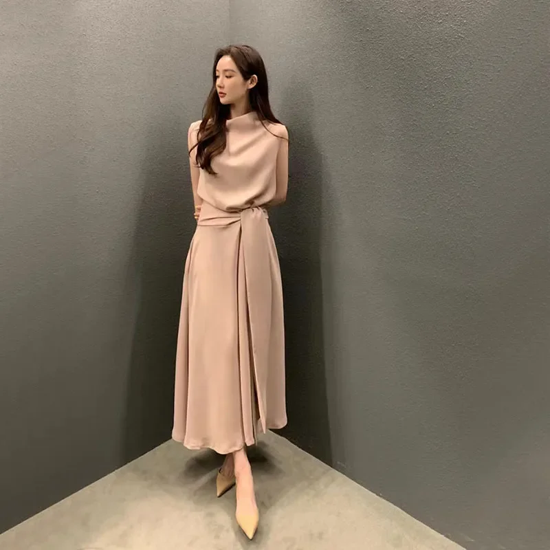 

Korean Chic Sleeveless Midi Dress Spring Elegant Hepburn Style Pile Nock Lace-Up A Line Dress Lady Fashion Loose Casual Clothes