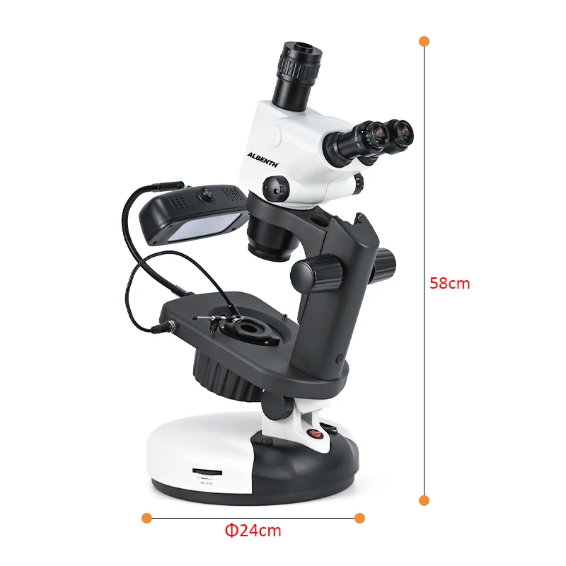 Microscopio stereo con zoom trinoculare gemologico avanzato 6.5X-65X con tre sorgenti luminose per l\'ispezione dei gioielli