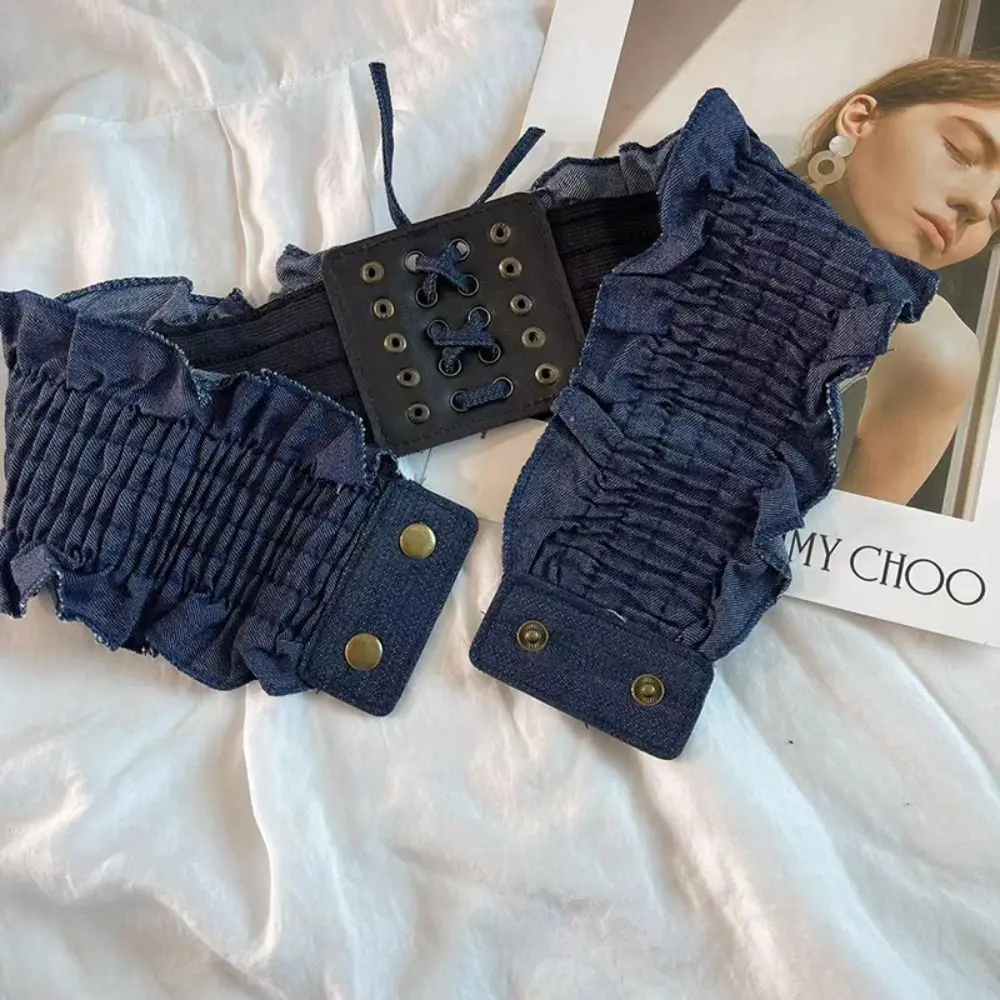 Cintura in tessuto di lusso in denim elasticizzato con fascia in pizzo a vita alta, cintura femminile, cintura elastica in vita larga