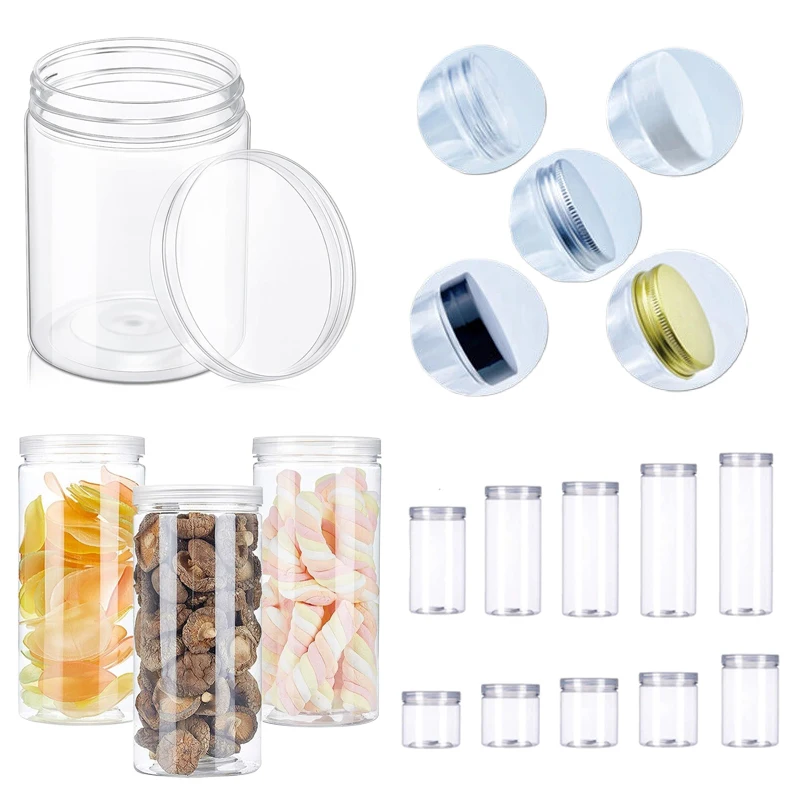 10Pcs 150-580ml Clear Straight Cylinders Jar Refillable Plastic Jars W/ Aluminum Lids Containers for Dry cargo Candy Jams Store