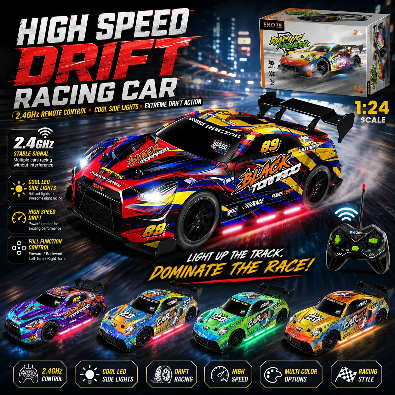 1:24 Scale 2.4GHz High Speed RC Drift Racing Car with LED Lights 4CH Remote Control Sport Car Toy for Kids Boys Birthday Gift