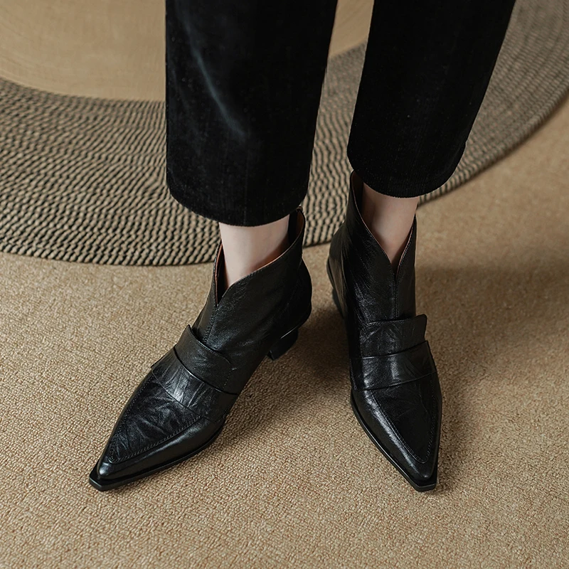 2023 Retro damskie botki oryginalne z wysokiej jakości skóry jesienno-zimowe Pointe noe buty na cienkich wysokich obcasach eleganckie biurowe