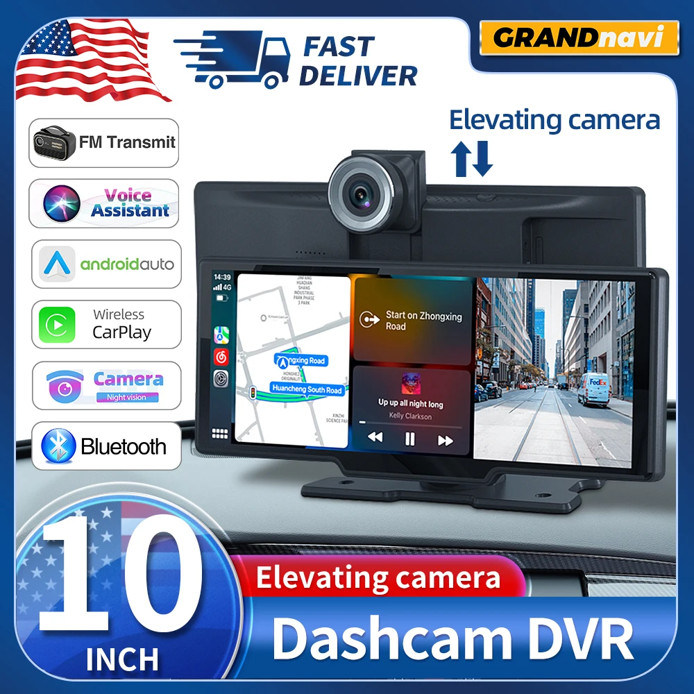 Grandnavi 4K Car Dash Cam Carplay Android Auto Video Recorder DVR Navigation Voice Control WIFI FM Dashboard Dual Lens Rearview