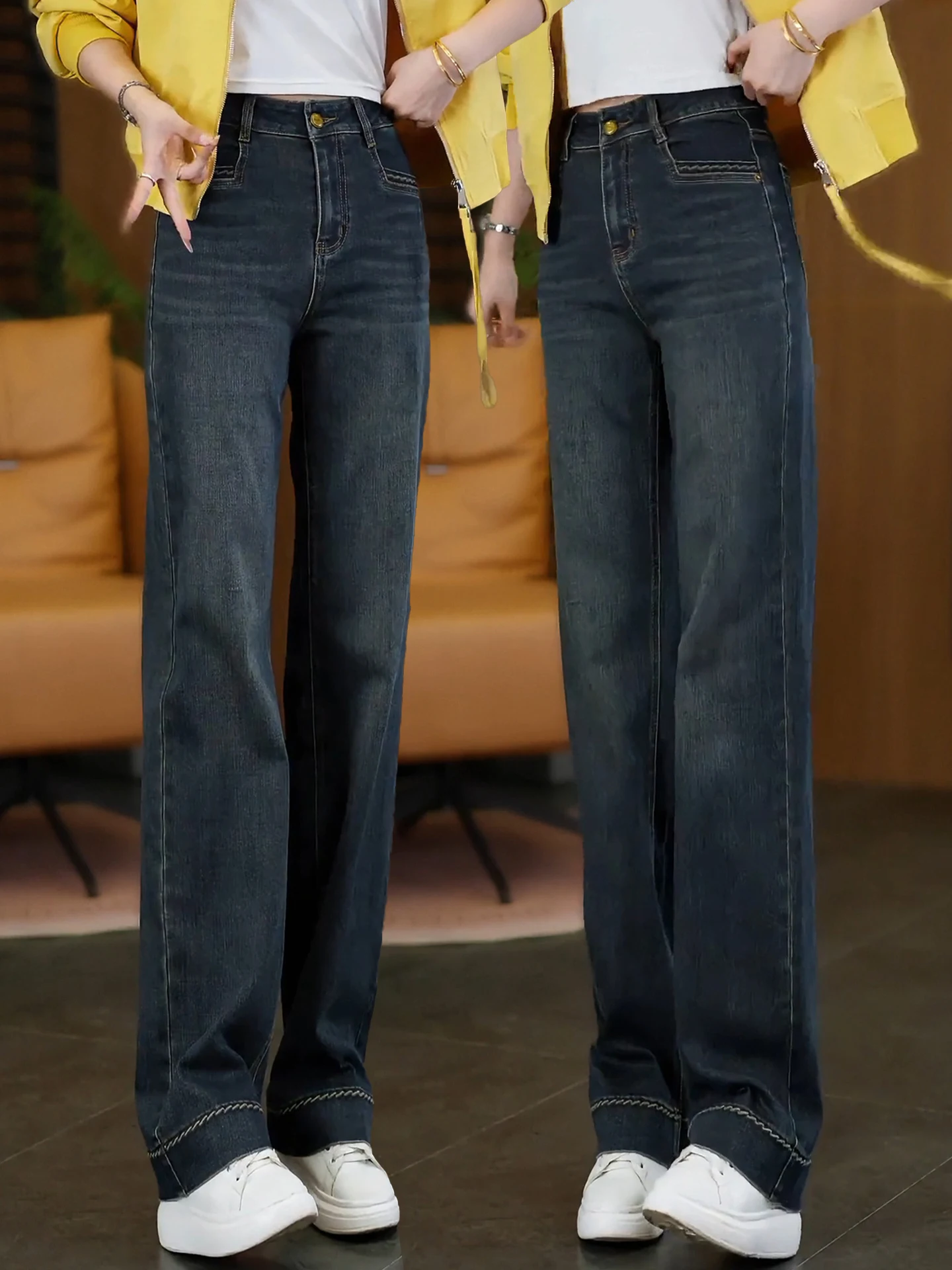 

Женские джинсы с высокой талией, облегающие, на флисовой подкладке, прямого кроя, весна-осень-зима, новый стиль, маленькие размеры, широкие штанины