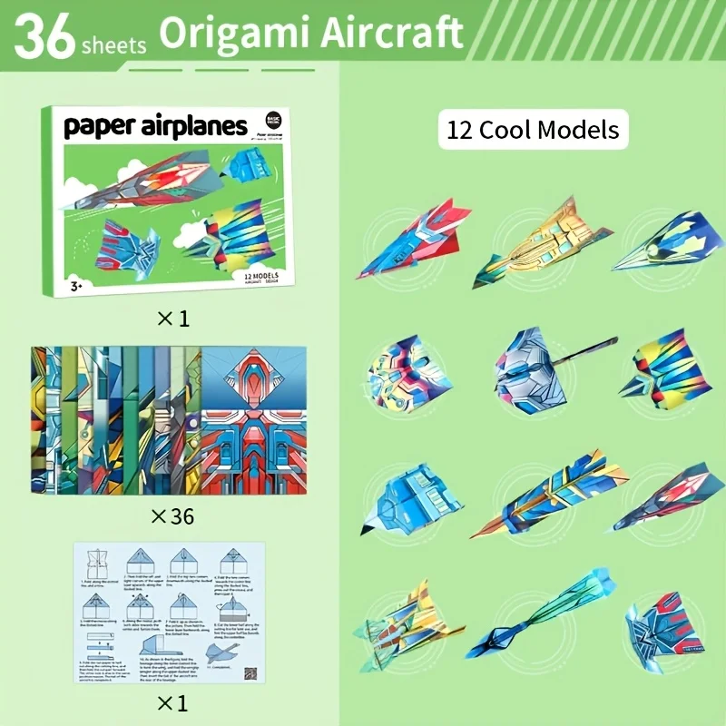 36-Piece Children's Paper Airplane Origami Set, Colorful Patterned DIY Folding Paper, with Origami Tutorial Instructions, Fun Paper Airplane Making Activity Materials, Easy to Fold and Simple to Use, Cultivates Hands-On Skills, Creativity, and Spatial Thinking, Suitable for Family Activities, Classroom Crafts, and Outdoor Flying Games, Birthday Gifts, Halloween Gifts