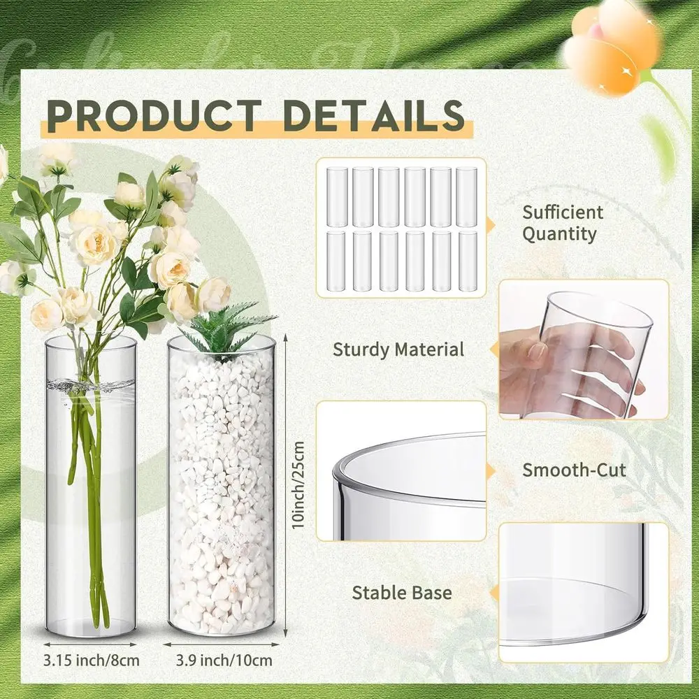 12 Pcs Clear Cylinder Vase Home 10 Inch Acrylic Lower Clear Vase Centerpiece Wedding Party Decorations